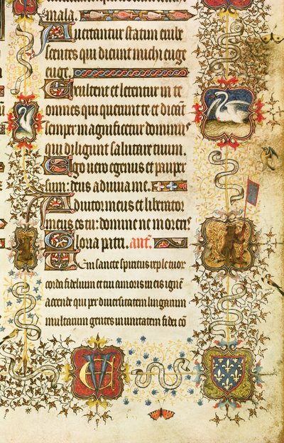 Dettaglio di stemmi e decorazioni animali, da San Pietro che guida Jean de France (1340-1416) Duca di Berry in Paradiso, dalle Grandes Heures de Duc de Berry da French School