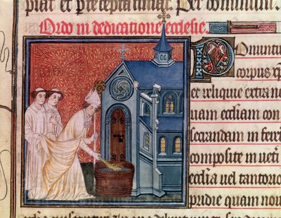 Ms Latin 962 Fol.63 Vescovo che consacra una chiesa, dal Pontificale di Sens da French School
