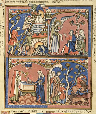 Ms M 638 fol.14r Abimelech e Sansone, dalla Bibbia illustrata di Morgan, c.1244-54 da French School