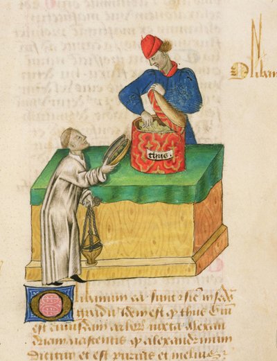 Ms Tractatus de Herbis di Dioscoride, fol.104r Il venditore di incenso da French School
