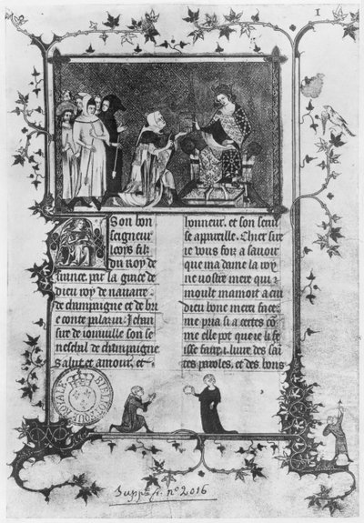 Ms fr 13568 fol.1 Jean de Joinville offre il suo libro su San Luigi (1215-70) a Luigi X (1289-1316) il Testardo da French School