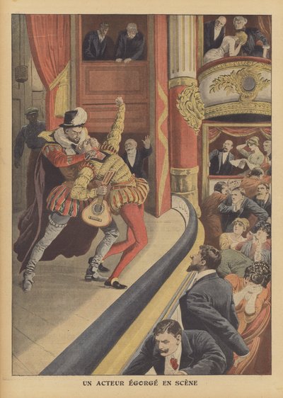Assassinio di un attore in scena (litografia a colori) da French School