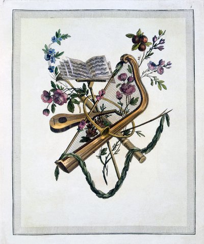Strumenti musicali, da un libro di tavole incise dei disegni di Oppenord, pubblicato nel 1745 da French School
