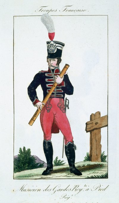 Musicista delle Guardie Reali a Piedi, da Troupes Francaises, pub. chez Basset, Parigi, c.1790 da French School