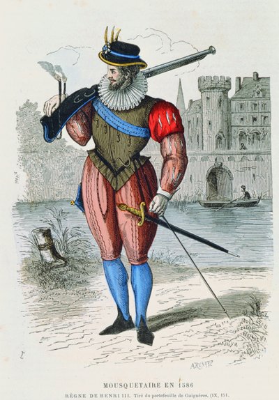 Moschettiere nel 1586, illustrazione da Costumes de Paris a travers les siecles di H. Gourdon de Genouillac, incisa da A. Renard da French School