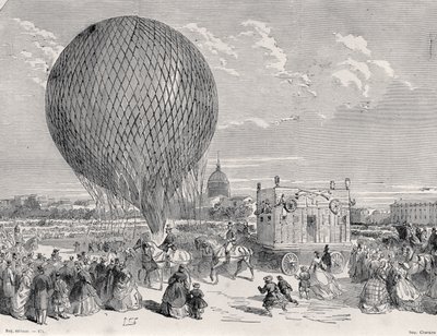 Il pallone di Nadar, Le Géant, preparato al Champ de Mars, Parigi per il suo primo volo il 4 ottobre 1863, illustrazione da Paris a Travers Les Siecles: Tome 5, 1889 da French School