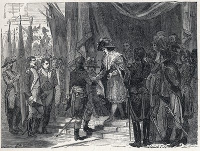 Napoleone Bonaparte (1769-1821) consegna il trattato di Campoformio al membro del Direttorio il 10 dicembre 1797. Questo trattato tra Francia e Austria segna la fine della Prima Coalizione da French School