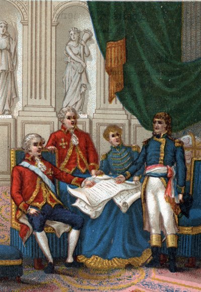 Napoleone Bonaparte ad Amiens il 25 marzo 1802, Inghilterra e Francia firmarono un trattato di pace che pose fine alla seconda coalizione europea contro la Francia. (La Pace di Amiens, 25 marzo 1802) da French School