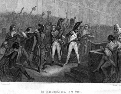 Colpo di stato di Napoleone Bonaparte il 18 Brumaio anno VIII (1799) nella Sala del Consiglio dei Cinquecento di Saint Cloud - in "Rivoluzione francese" di Thiers. XIX secolo da French School