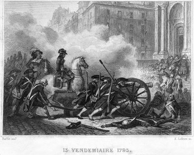 Napoleone schiaccia la ribellione realista - Napoleone Bonaparte (a cavallo) comanda le truppe rivoluzionarie nei combattimenti di strada il 13 Vendemmiaio (5 ottobre) - 13 Vendemmiaio 1795 (insurrezione realista del 5 ottobre 1795): Bonaparte ristabilì l