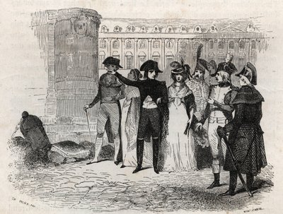 Napoleone passeggia con Madame Tallien, nata Theresa Cabarrus, Principessa di Caraman, Principessa di Caraman Chimay (1773-1835) a Place Vendome a Parigi - incisione in 