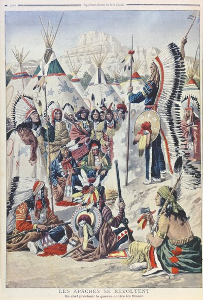 Capo nativo americano che incita alla rivolta contro i bianchi, illustrazione da Le Petit Journal da French School