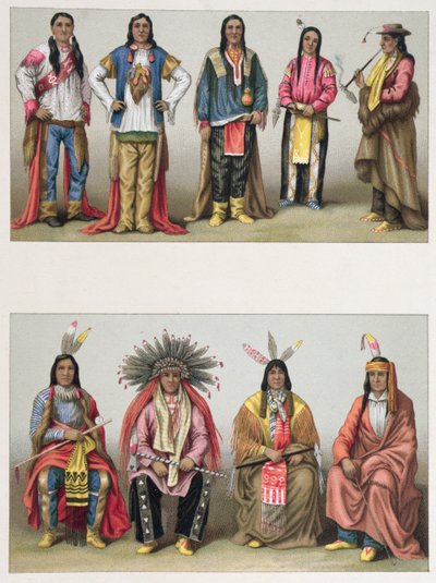 Nativi americani del bacino del Mississippi e del Colorado, illustrazione da Le Costume Historique di A. Racinet, pubblicato a Parigi nel 1888 da French School