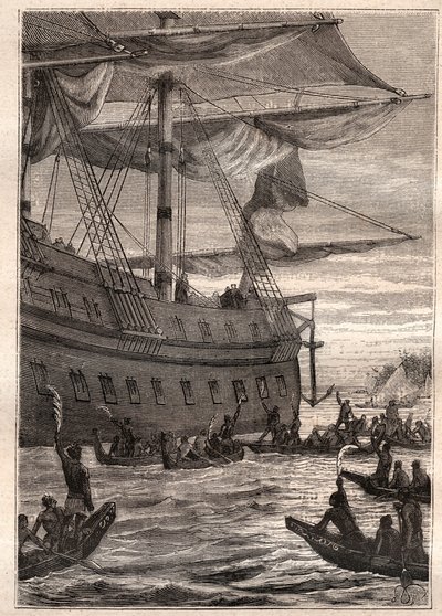 Indigeni tengono in mano rami di banano: il viaggio di Samuel Wallis (1728-1795) in Polinesia - illustrazione tratta da 