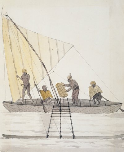 Indigeni delle Isole Basse e canoa a vela bilanciata, acquerello di Jules-Louis Lejeune, dal viaggio di Duperrey da French School