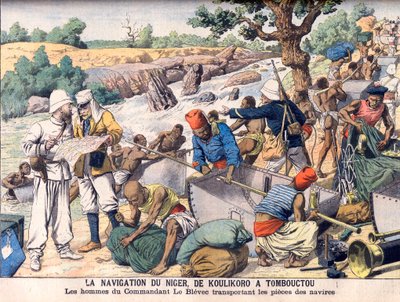 Navigazione sul fiume Niger tra Koulikoro e Timbuktu. Una spedizione comandata dal comandante Le Blevec trasporta barche in sezioni intorno alle rapide da French School