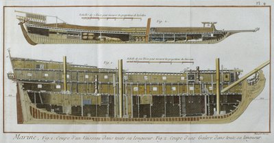 Sezioni longitudinali di una nave e di una galera, illustrazione dall