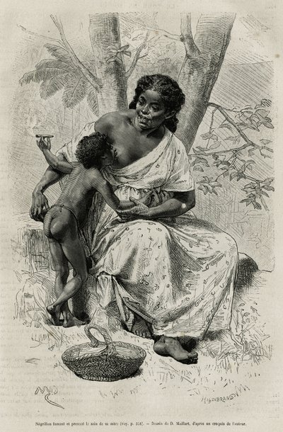 Negillon che fuma e prende il seno di sua madre, nella regione del Darien (Panama orientale), incisione da un disegno di D.Maillart, per illustrare la storia Esplorazione agli istmi di Panama e Darien, di A. Reclus, tenente di nave, dal 1876 al 1878 da French School