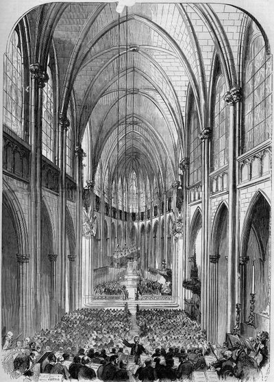 Architettura neogotica: vista interna della chiesa di Sainte Clotilde (1846-1857), a Parigi, durante la sua inaugurazione il 30 novembre 1857. Incisione di Bertrand in "Le Monde Illustré" n.34 del 5 dicembre 1857. da French School
