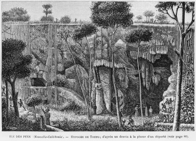 Nuova Caledonia, Isola dei Pini, Ipogeo di Toupo, dopo un disegno a penna e inchiostro di un deportato, illustrazione dal bollettino Les Missions Catholiques, 1893 da French School