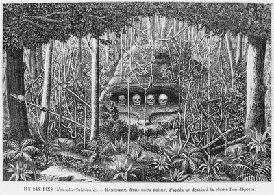 Nuova Caledonia, Isola dei Pini, un rifugio nelle rocce, dopo un disegno a penna e inchiostro di un deportato, illustrazione dal bollettino Les Missions Catholiques, 1893 da French School
