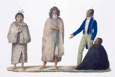 Indigeni della Nuova Zelanda in abiti indigeni e occidentali, 1826 da French School