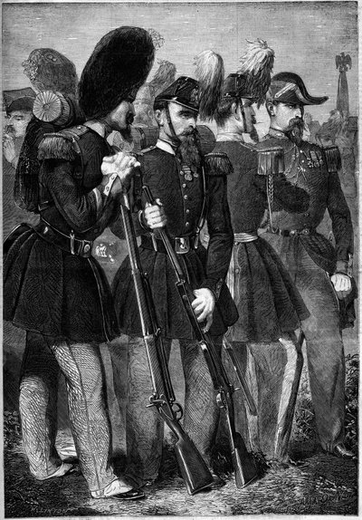 Nuove uniformi della guardia imperiale francese nel 1860. Incisione in "Le Monde Illustré" n.165 del 9 giugno 1860 da French School