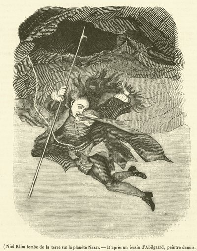 Niel Klim cade dalla terra sul pianeta Nazar (incisione) da French School