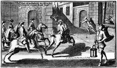Ladro notturno inseguito dalla guardia - incisione da French School