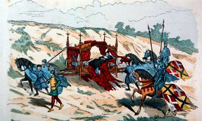 Nobile trasportato in una lettiga da servitori durante il XIV secolo in Europa da French School