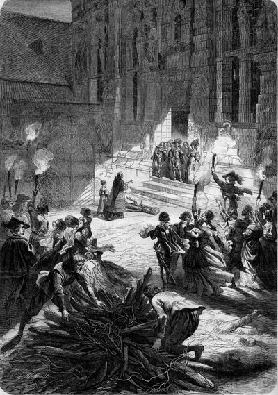 Natale in Francia sotto Luigi XIII: il signore si trova davanti alla porta del suo castello mentre un prete consacra il ceppo che deve portare benedizione alla dimora. Nel cortile, i contadini allestiscono una macelleria. XVII secolo. Incisione in 