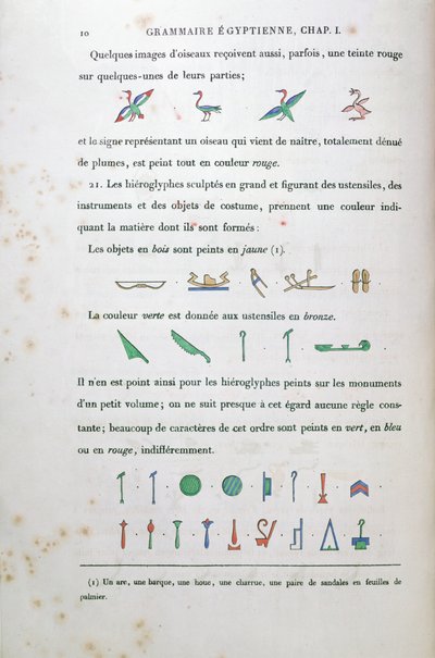 Note sulla colorazione di alcuni geroglifici, da Grammaire Egyptienne di Jean Francois Champollion (1790-1832) 1836 da French School