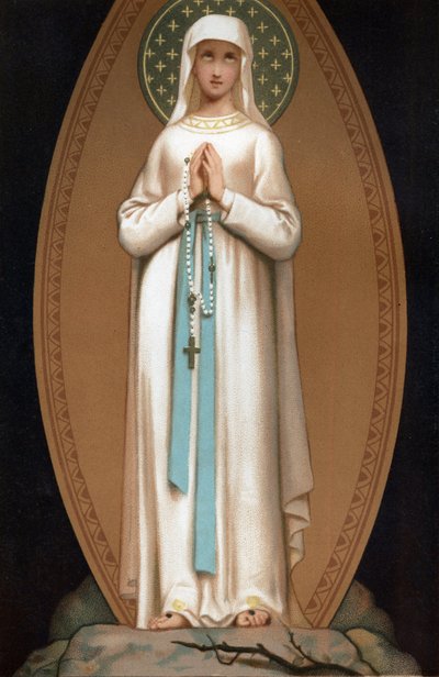 Notre Dame de Lourdes: rappresentazione della Vergine Maria come sarebbe apparsa a Bernadette Soubirous nella grotta di Lourdes nel 1858. Cromolitografia. Frontespizio di 
