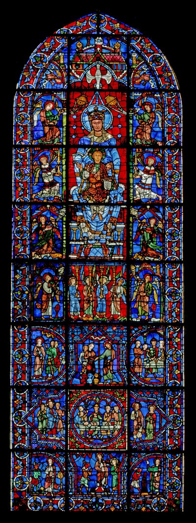 Notre Dame de la Belle Verriere; sotto ci sono scene delle nozze di Cana e della tentazione di Cristo nel deserto da French School