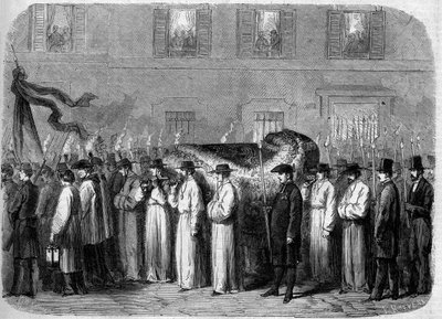 Esequi di Jean Baptiste (Giovanni Battista) Niccolini (1782-1861), 21 settembre 1861: corteo funebre che trasporta i resti del poeta italiano per le strade di Firenze (Firenze), Italia. Incisione in "Le Monde Illustré" n.234 del 5 ottobre da French School