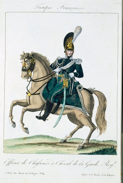 Ufficiale delle Guardie Reali a Cavallo, da Troupes Francaises, pub. chez Basset, Parigi, c.1790 da French School