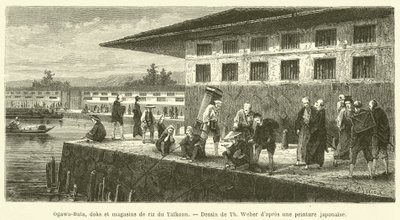 Ogawa-Bata, darsene e magazzini di riso del Taikoun (incisione) da French School