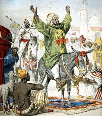 Omar Zarahun, pretendente al trono del Marocco, predica una Guerra Santa, illustrazione di copertina di Le Petit Journal, 23 novembre, 1902 da French School
