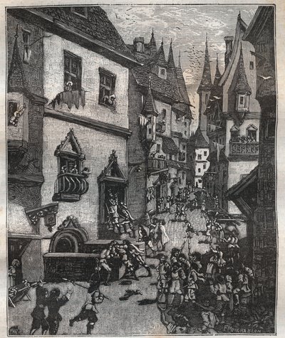 Il 20 maggio 1636 otto falsari furono arrestati in rue Champfleuri da due commissari di polizia accompagnati da una dozzina di sergenti - in "Paris à travers les siècles" di Nicolas Jules Henri Gourdon de Genouillac (1826-1898) da French School