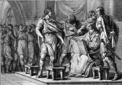 Alla morte di Clotario I, re dei Franchi, i suoi quattro figli ricevettero ciascuno una parte del regno. I loro nomi sono Cariberto I (ca. 520-567), Gontrano I (ca. 545-592), Sigeberto I (535-575) e Chilperico I (ca. 539-584). Incisione da French School