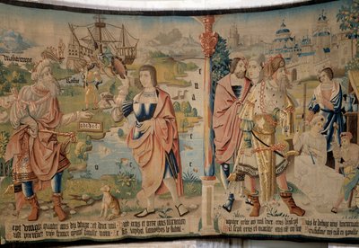 Samote, primo re dei Galli, con scettro e alfabeto, paesaggi della Gallia, Mediterraneo, Rodano e oceano, Giove celtico da French School