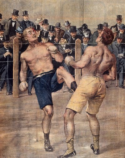 Uno dei primi incontri di savate, boxe francese, combattuto a Parigi nel 1899, incisione a colori, Francia da French School