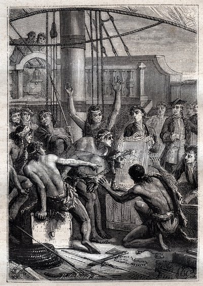 Solo uno specchio aveva il dono di eccitare il loro stupore: Viaggio di Samuel Wallis (1728-1795) in Polinesia - indigeni stupiti da uno specchio - illustrazione tratta da 