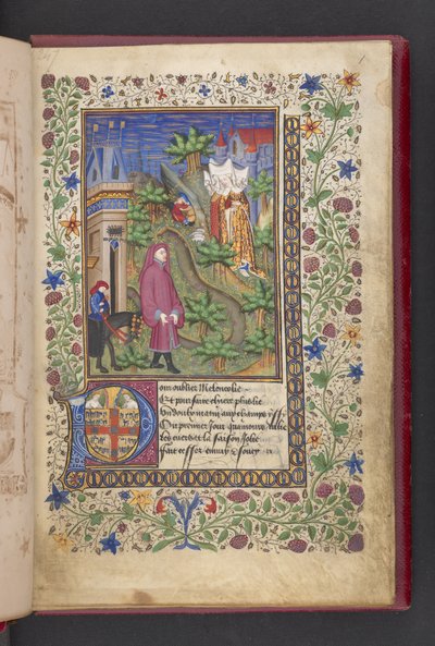 Pagina di apertura. Un gentiluomo in un paesaggio, seguito da un altro a cavallo, con tre signore. 
