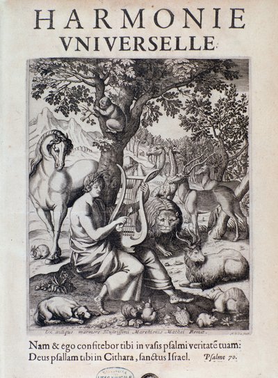 Orfeo che suona per gli animali. Frontespizio di Harmonie universelle di Marin Mersenne da French School