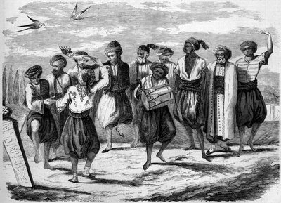 Festa ortodossa: danze pasquali greche al Grande Campo dei Morti a Costantinopoli. Incisione in "Le Monde Illustré" n.52 del 10 aprile 1858 da French School