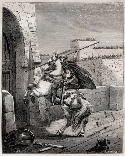 Ottone II, Sacro Romano Imperatore davanti a Parigi - Ottone II del Sacro Impero, detto il Rosso (955-983) irritato per non poter penetrare a Parigi (assedio di Parigi, 978), avanza sotto le mura della città per piantare la sua lancia nella porta - incisio da French School