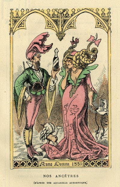 I nostri antenati, caricatura da un acquerello del 1330. In "Histoire de France Tintamarresque" di Touchatout, Parigi da French School