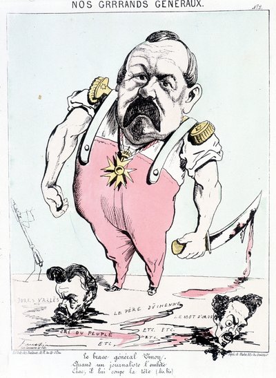 I nostri grandi generali: il coraggioso Generale Vinoy quando un giornalista lo infastidisce, crack, gli taglia la testa. Caricatura su Vinoy e la Comune. da French School