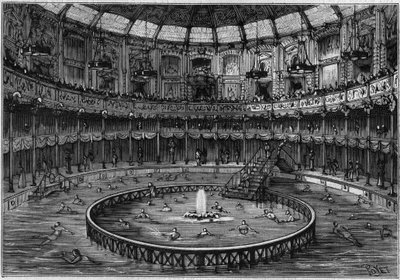 Panoramica della piscina in Rue Saint Honoré, a Parigi. Incisione in "La Nature. Revue des sciences et de ses applications aux arts et à l